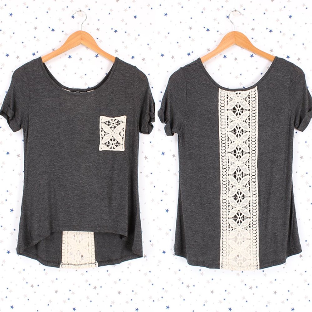 Short Sleeve Crochet Lace Detail Tee Charcoal